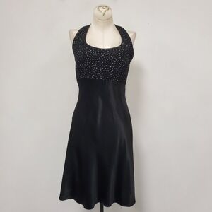 Vintage Y2K Beaded Halter Neck Lace Up Back Hoco Dress Size 9-10 Black 90s
